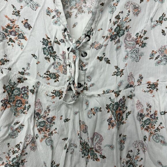 SO Juniors Small Boho Floral Peasant Top Long Sleeve Lace Up Blouse White - Picture 6 of 9